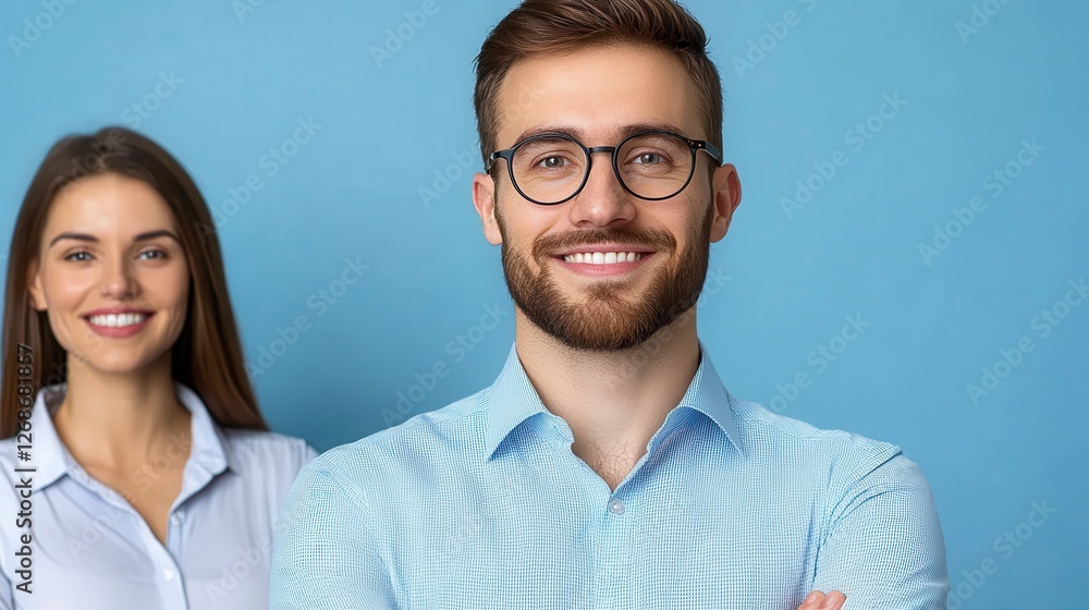 Smiling man and woman portrait against a light blue background. He is wearing a light blue patterned shirt and glasses, arms crossed. She is softly Smiling man and woman portrait against a light blue background. He is wearing a light blue patterned shirt and glasses, arms crossed. She is softly