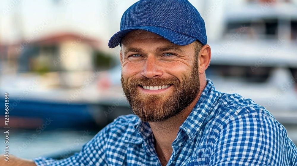 Smiling man with beard wearing blue checkered shirt and cap, outdoors near boats. Natural lighting, shallow depth of field. Happy, relaxed Smiling man with beard wearing blue checkered shirt and cap, outdoors near boats. Natural lighting, shallow depth of field. Happy, relaxed