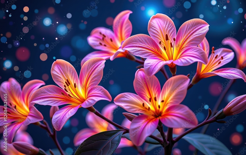 A stunning close-up of vibrant, glowing flowers in full bloom, illuminated with soft golden light. A stunning close-up of vibrant, glowing flowers in full bloom, illuminated with soft golden light.