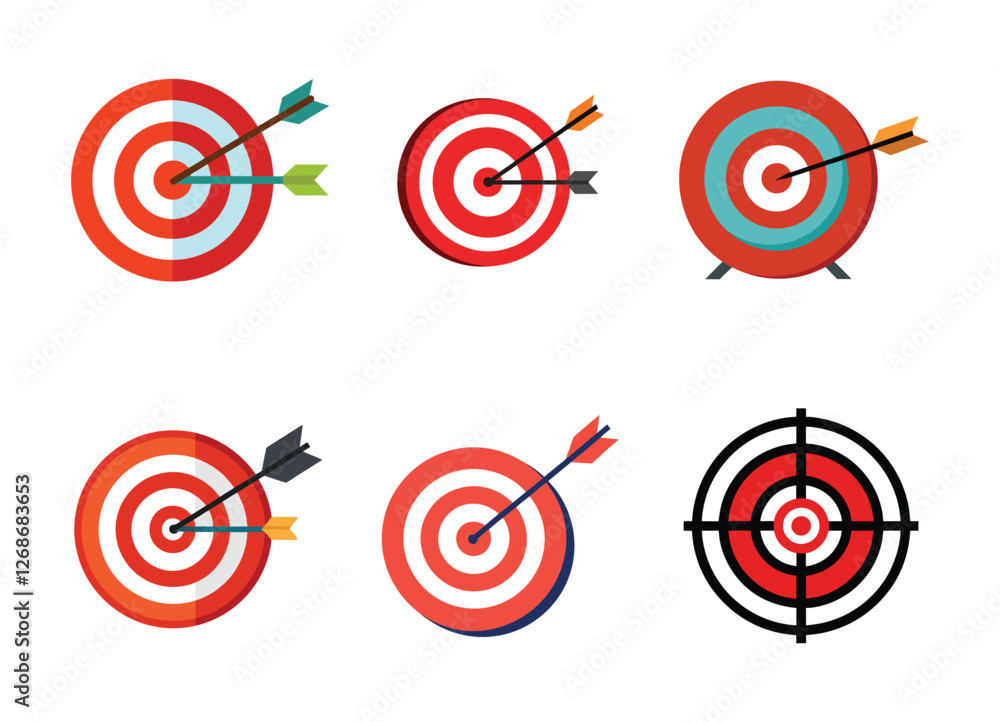 Target icons set. Goal symbol collection. Simple target with arrow. Darts icon. Hitting the bullseye. Vector illustration Target icons set. Goal symbol collection. Simple target with arrow. Darts icon. Hitting the bullseye. Vector illustration
