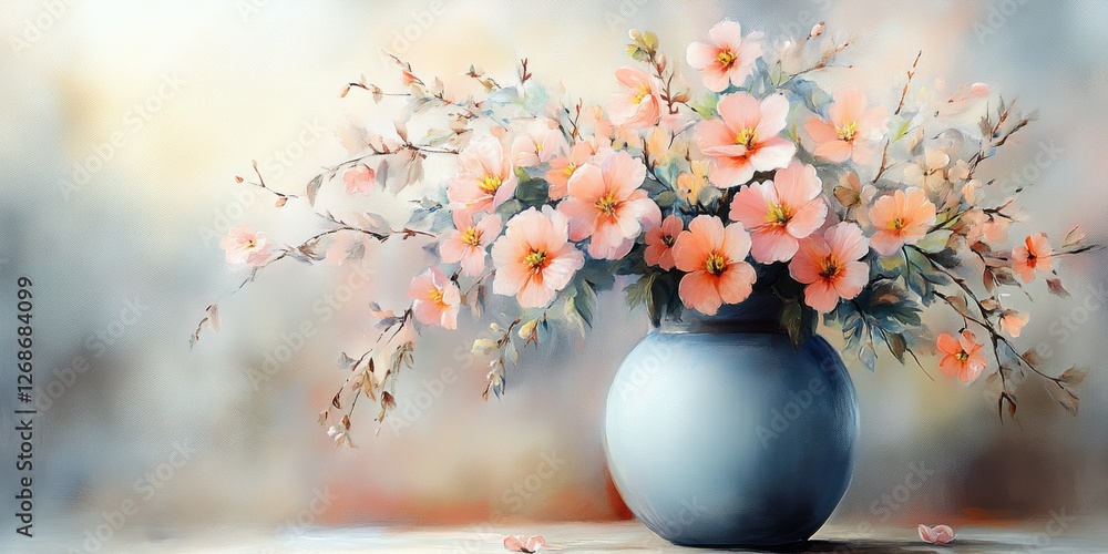 Vibrant bouquet of delicate pink flowers in a simple blue vase set against a soft, blurred background Vibrant bouquet of delicate pink flowers in a simple blue vase set against a soft, blurred background
