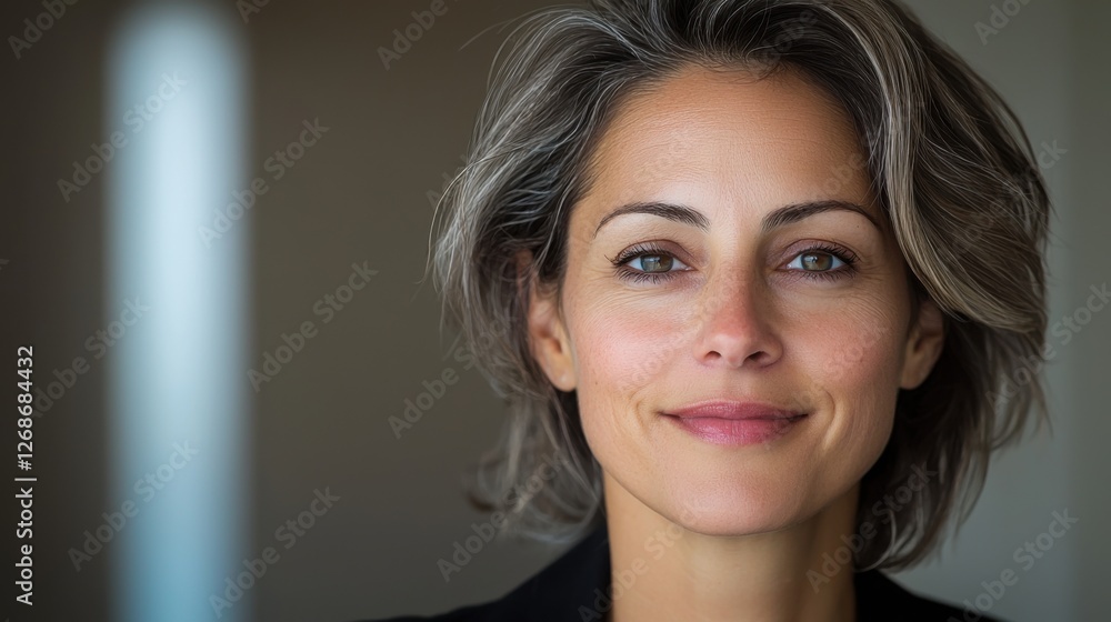 Confident woman with gray hair smiles warmly in a modern, minimalist setting during daylight hours