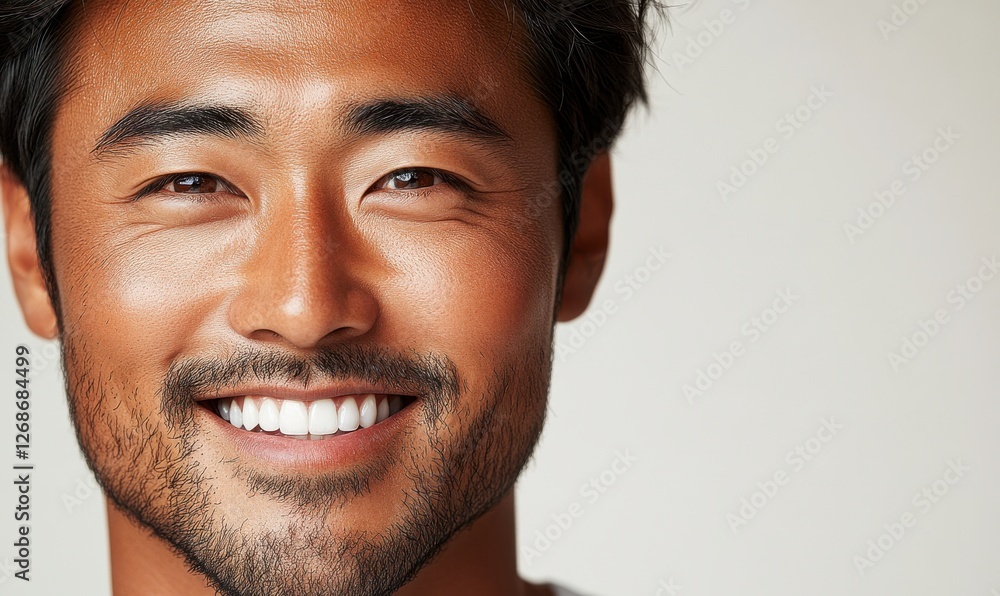 Smiling man with a well-groomed beard showcases confidence and warmth in a bright studio setting during daylight hours Smiling man with a well-groomed beard showcases confidence and warmth in a bright studio setting during daylight hours