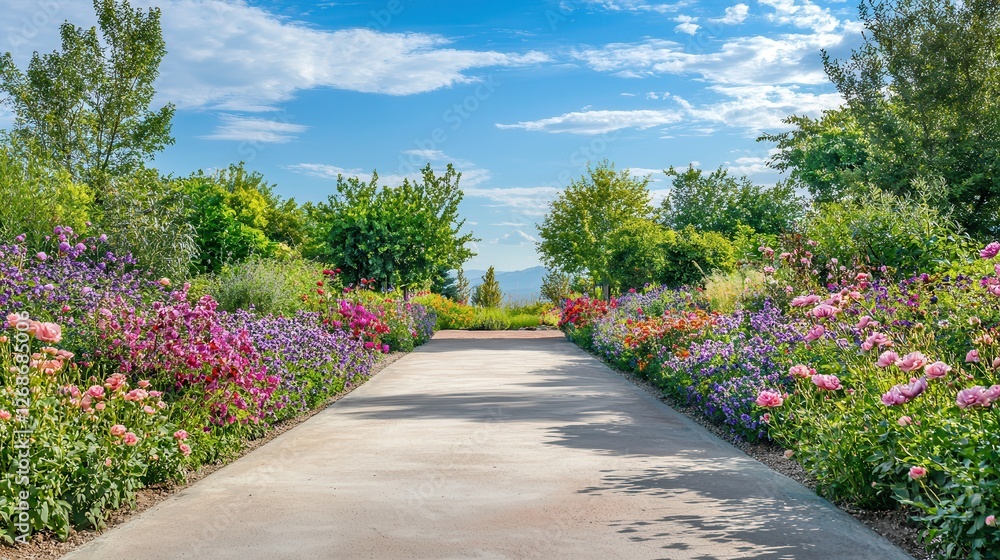 Obraz premium Serene Garden Path with Blooming Flowers and Sunny Sky