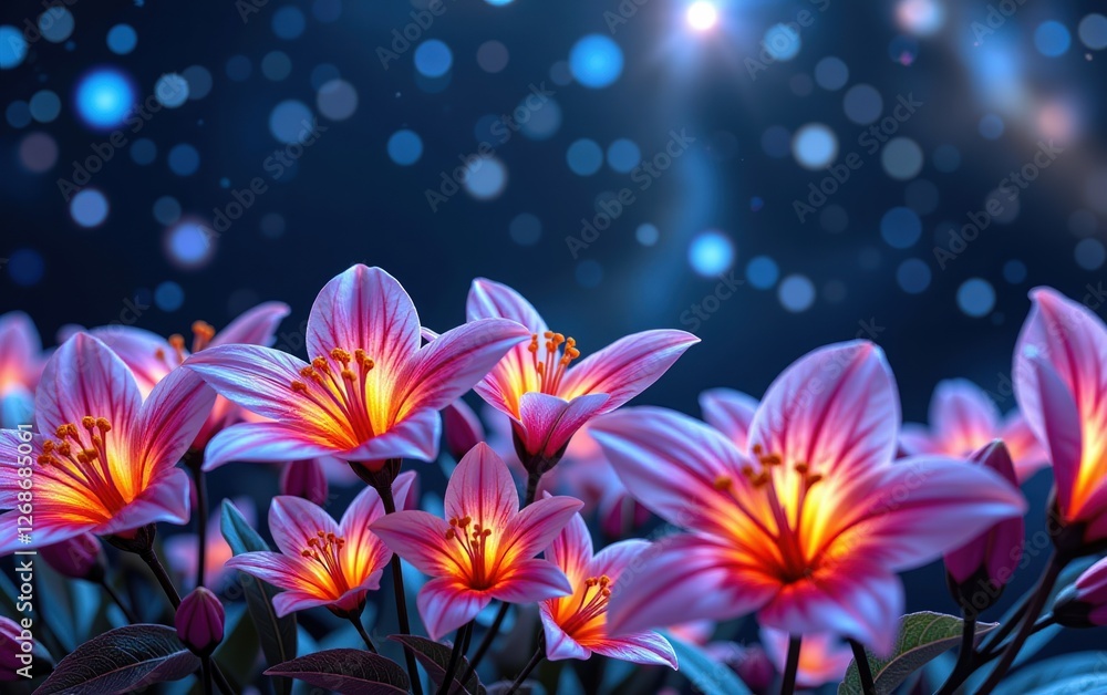 A stunning close-up of vibrant, glowing flowers in full bloom, illuminated with soft golden light. A stunning close-up of vibrant, glowing flowers in full bloom, illuminated with soft golden light.