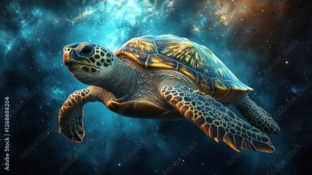 Obraz premium Majestic sea turtle gliding through vibrant cosmic background showcasing the beauty of marine life and the mysteries of the universe