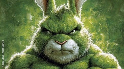 Close up of a furious furry rabbit, detailed fur, intense expression, dark background. The rabbit's fur is detailed and appears overgrown photo