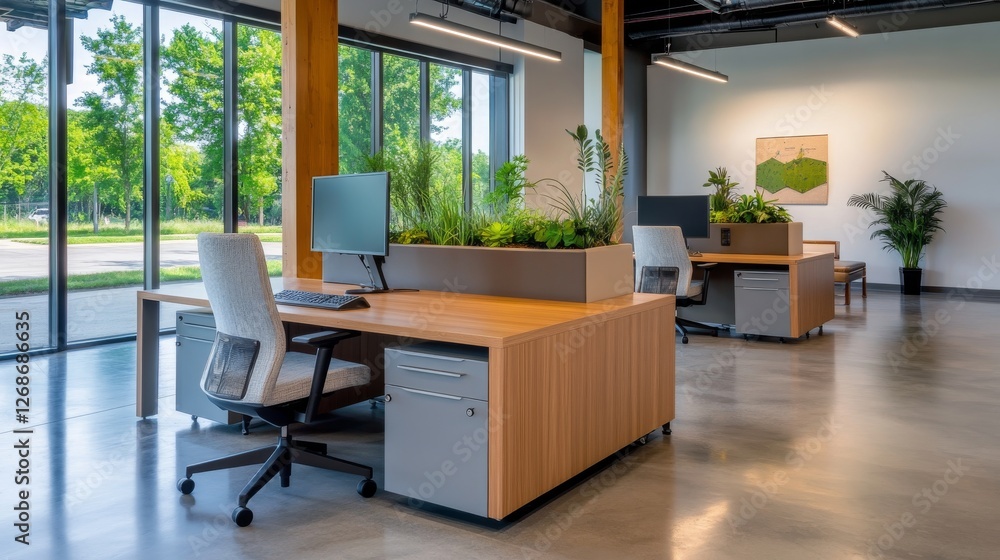 Modern Office Interior with Natural Light and Greenery Modern Office Interior with Natural Light and Greenery