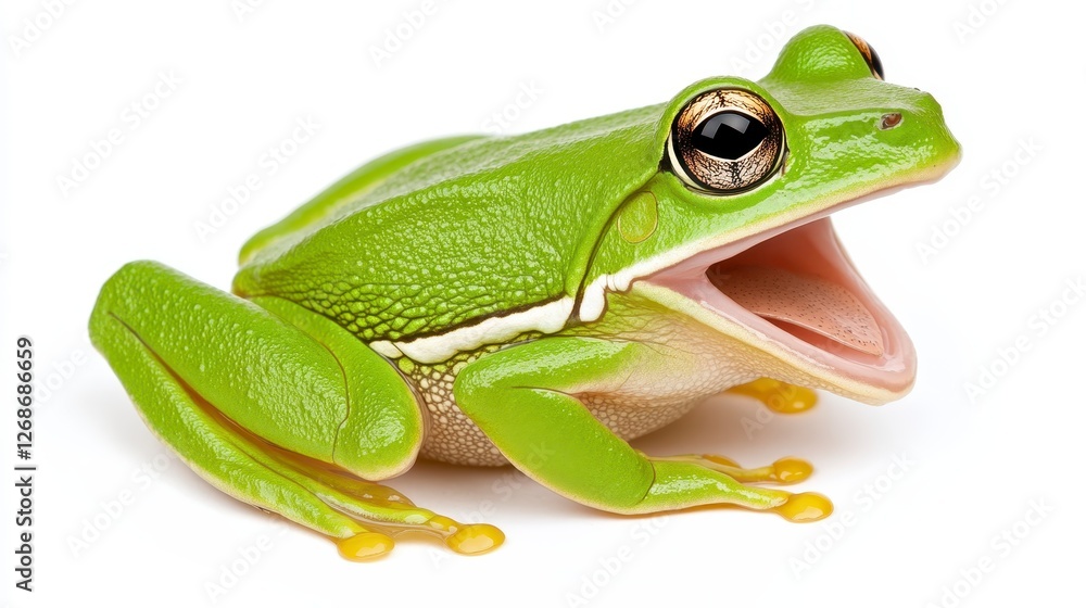 Obraz premium Bright green tree frog with open mouth, isolated on white background. Detailed view of its skin texture and vibrant color. Close up studio shot