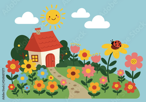 Cute garden clipart. A small house with a red roof, surrounded by colorful flowers, a smiling sun, clouds, and a ladybug on a yellow flower. Vector illustration design.