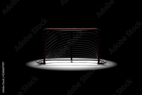 3D model of a red and white hockey goal, standing on a white surface and illuminated by a spotlight.