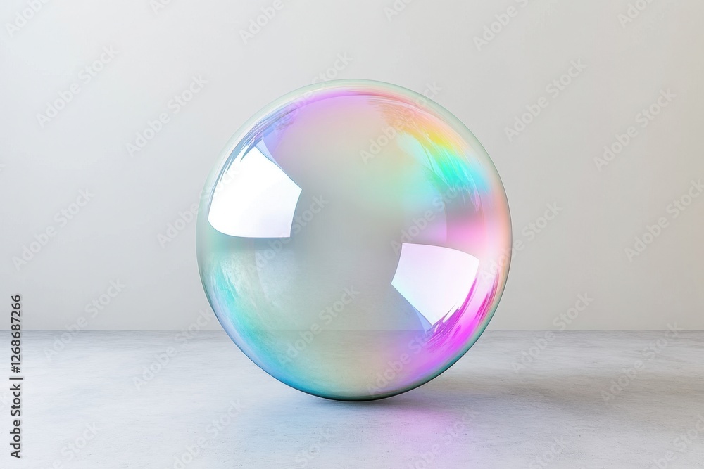 Iridescent soap bubble rests gently on a concrete surface Iridescent soap bubble rests gently on a concrete surface