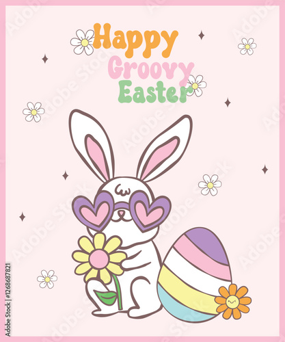 Cute Happy Groovy Easter bunny with retro egg Playful cartoon doodle animal hand drawing.
