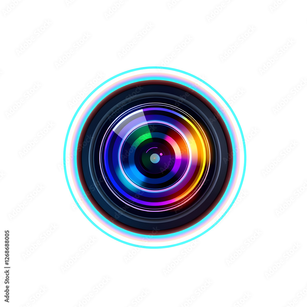 Fototapeta premium Camera lens holographic 3D icon. neon symbol vector illustration isolated on white background. Generative AI