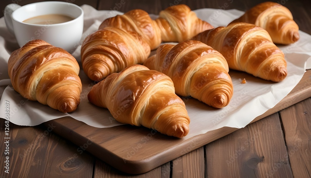 freshly baked croissants on wooden table freshly baked croissants on wooden table