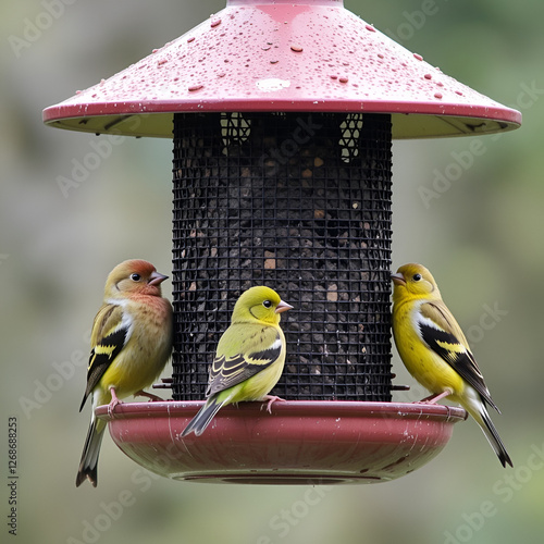 Female Rose Breasted Grosbeak on top of bird feeder with green female American Goldfinch and three yellow molting male Goldfinches photo