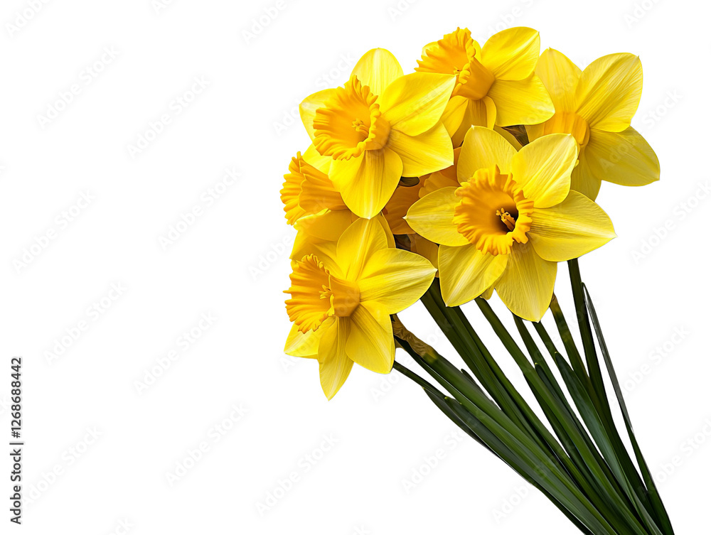 A bunch of vibrant yellow daffodils with green stems, isolated on a clean transparent background, PNG file. A bunch of vibrant yellow daffodils with green stems, isolated on a clean transparent background, PNG file.