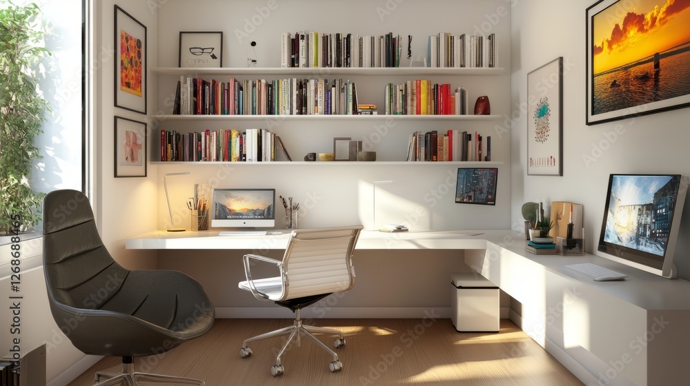 Modern Home Office Design: Sleek White Desk, Ergonomic Chair & Wall-Mounted Bookshelf Modern Home Office Design: Sleek White Desk, Ergonomic Chair & Wall-Mounted Bookshelf