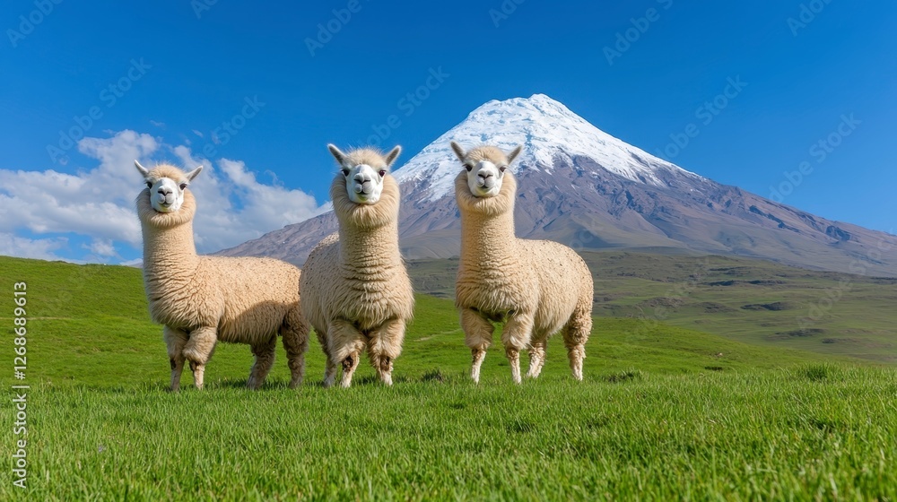 Fototapeta premium Three fluffy alpacas stand in a vibrant green pasture, a snow capped mountain providing a dramatic backdrop under a clear blue sky. The scene is