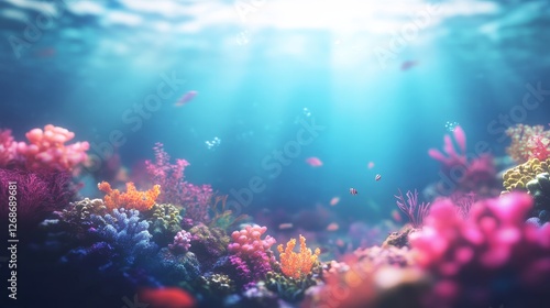 Vibrant underwater coral reef scene  blurred textures  colorful marine life  serene aquatic environment  captivating oceanic beauty