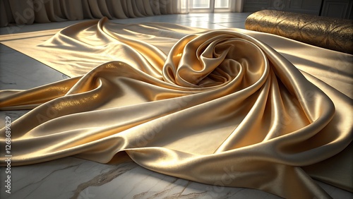 Luxury Silk Fabric Texture with Soft Folds and Golden Reflections A rich and opulent silk fabric draped in soft, flowing folds photo