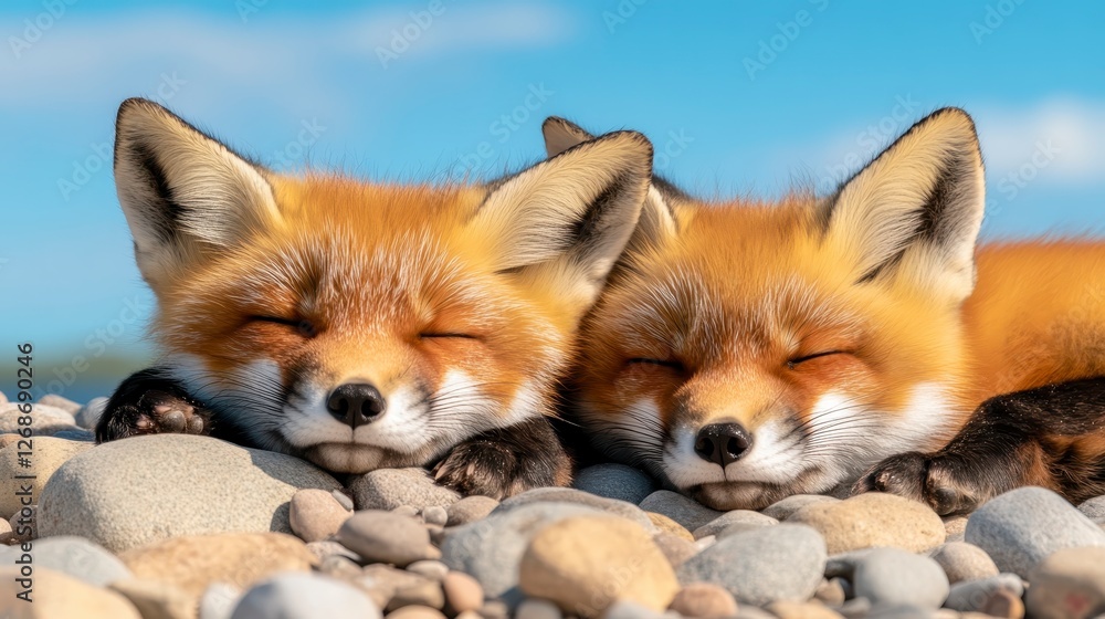 Two red fox kits resting together on a bed of grey and brown pebbles, eyes closed, under a bright blue sky. The image evokes peace and tranquility Two red fox kits resting together on a bed of grey and brown pebbles, eyes closed, under a bright blue sky. The image evokes peace and tranquility