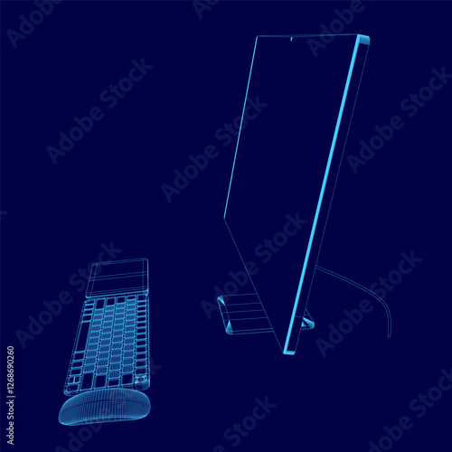 A computer monitor and keyboard are shown in a blue background. The monitor is turned off and the keyboard is not in use. Concept of technology and productivity, as the computer setup is ready for use