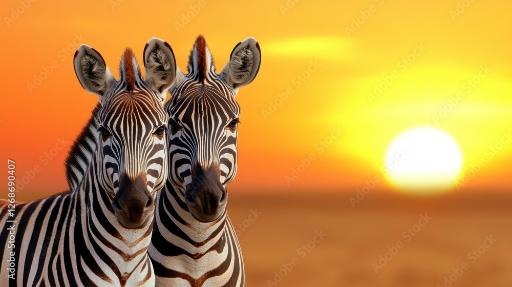 Naklejka premium Two zebras stand close together against a vibrant sunset, their black and white stripes contrasting with the warm orange and yellow hues of the sky