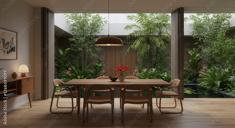 Fototapeta premium Inviting Dining Room with Garden View and Natural Light Setting