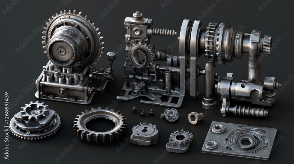 Close-up of disassembled metallic gears, cogs, and mechanical parts on dark background. Close-up of disassembled metallic gears, cogs, and mechanical parts on dark background.