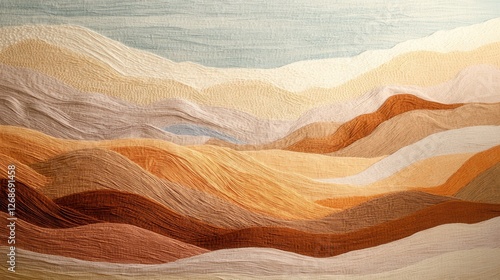 Textured yarn desert landscape, flowing sand dunes, vibrant woven sky tones, a harmonious blend of color and form.