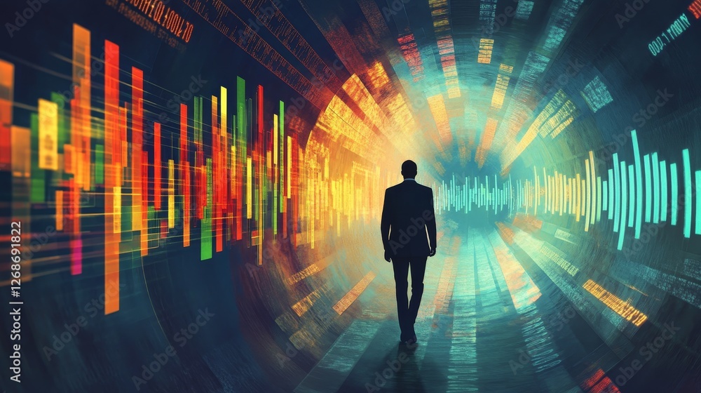Business professional navigating a luminous tunnel, illuminated pathway enhancing the journey, symbolizing ambition and progress. Business professional navigating a luminous tunnel, illuminated pathway enhancing the journey, symbolizing ambition and progress.