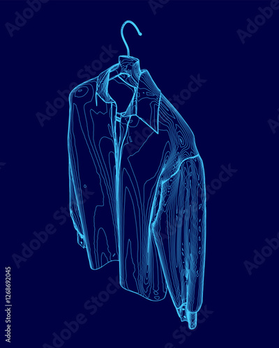A blue shirt is hanging on a clothes hanger. The shirt is made of a soft, breathable fabric and has a collar. The sleeves are long and the shirt is tucked in