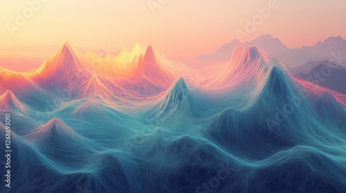 Woven Peaks, an abstract representation of a mountainous landscape crafted from yarn, featuring soft glowing summits and textured skies.