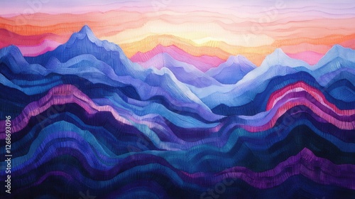 Textile landscape of vibrant yarn peaks, interwoven skies, softly illuminated summits, captivating abstract artistry