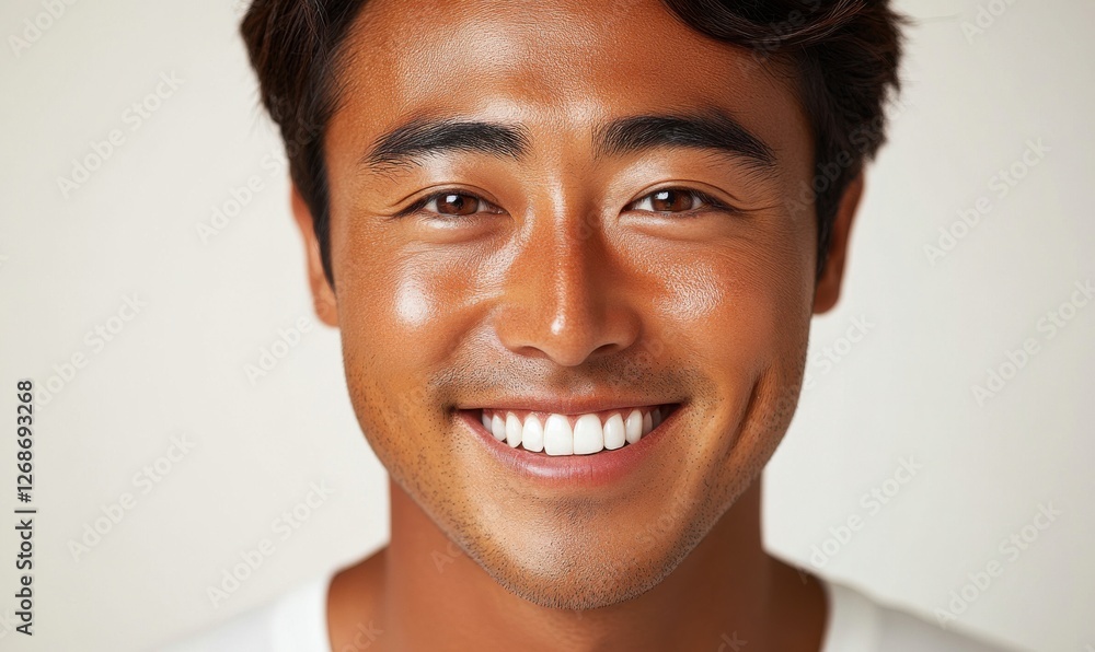 Fototapeta premium Smiling young man showcases bright smile and warmth in casual portrait