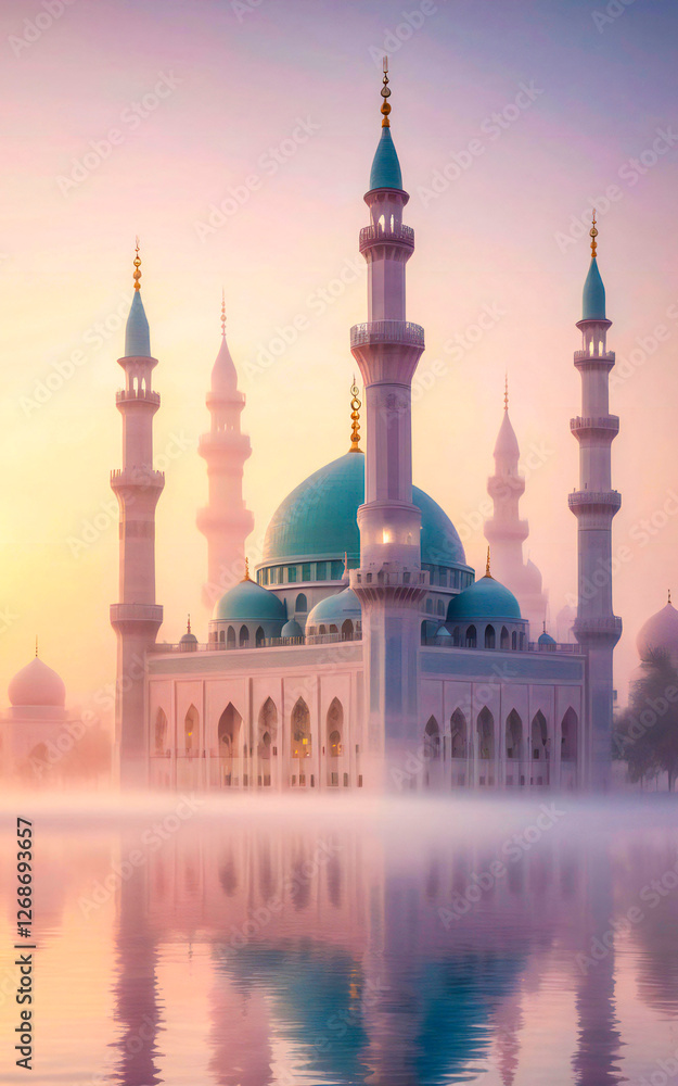 Obraz premium Dawn illuminates a mosque pastel hues bathe its minarets and domes delicate light beams weave