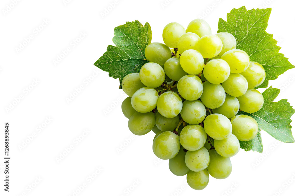 A cluster of organic green grapes with small leaves attached, isolated on a transparent background, PNG file. A cluster of organic green grapes with small leaves attached, isolated on a transparent background, PNG file.