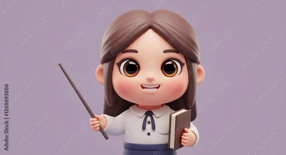 Adorable 3D Render of a Young Girl Teacher Holding a Book and Pointer Adorable 3D Render of a Young Girl Teacher Holding a Book and Pointer