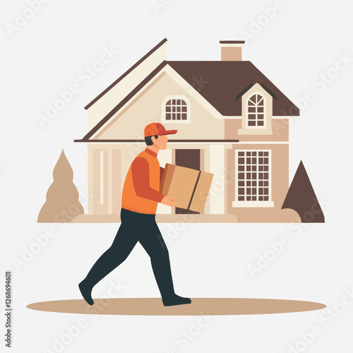A flat 2D vector of a delivery person carrying a package to a house
