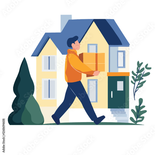 A flat 2D vector of a delivery person carrying a package to a house