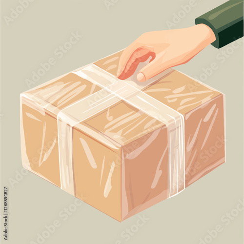 A vector of a hand unboxing a package with bubble wrap and tape