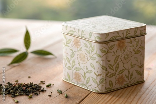 elegant tea box mockup with floral patterns on wooden surface soft diffused lighting