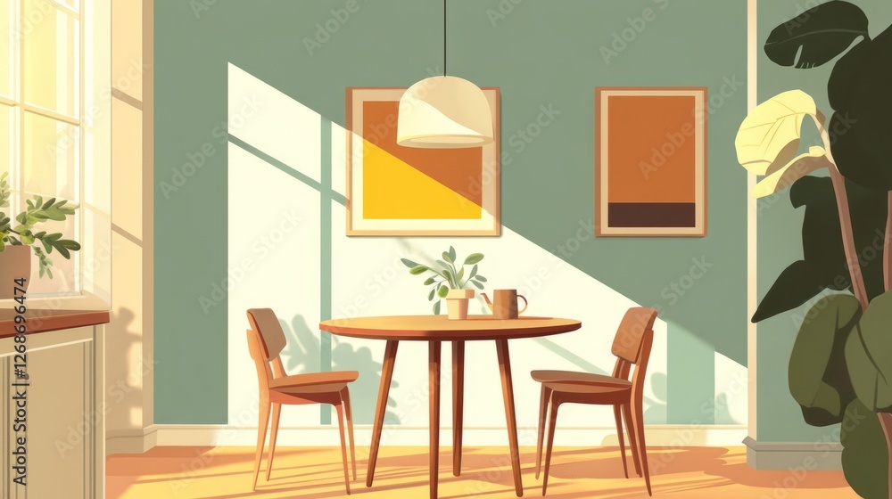 Cozy Cartoon Dining Room with Round Table and Pendant Light - Illustration Cozy Cartoon Dining Room with Round Table and Pendant Light - Illustration