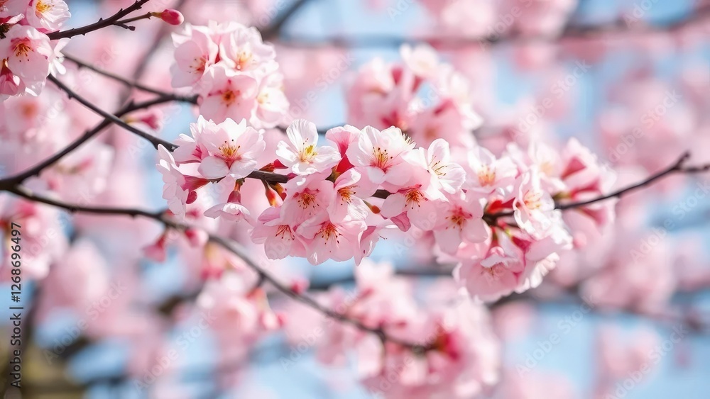 Obraz premium Soft pink cherry blossoms sway gently on delicate branches in a serene atmosphere, bloom, nature, calm
