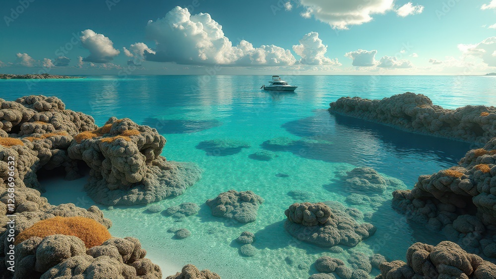 Split view of coral reef underwater and tropical island above clear turquoise water Split view of coral reef underwater and tropical island above clear turquoise water