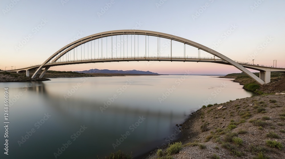 Elegant Arch Bridge Spanning Calm River at Sunset in Scenic Landscape View Elegant Arch Bridge Spanning Calm River at Sunset in Scenic Landscape View