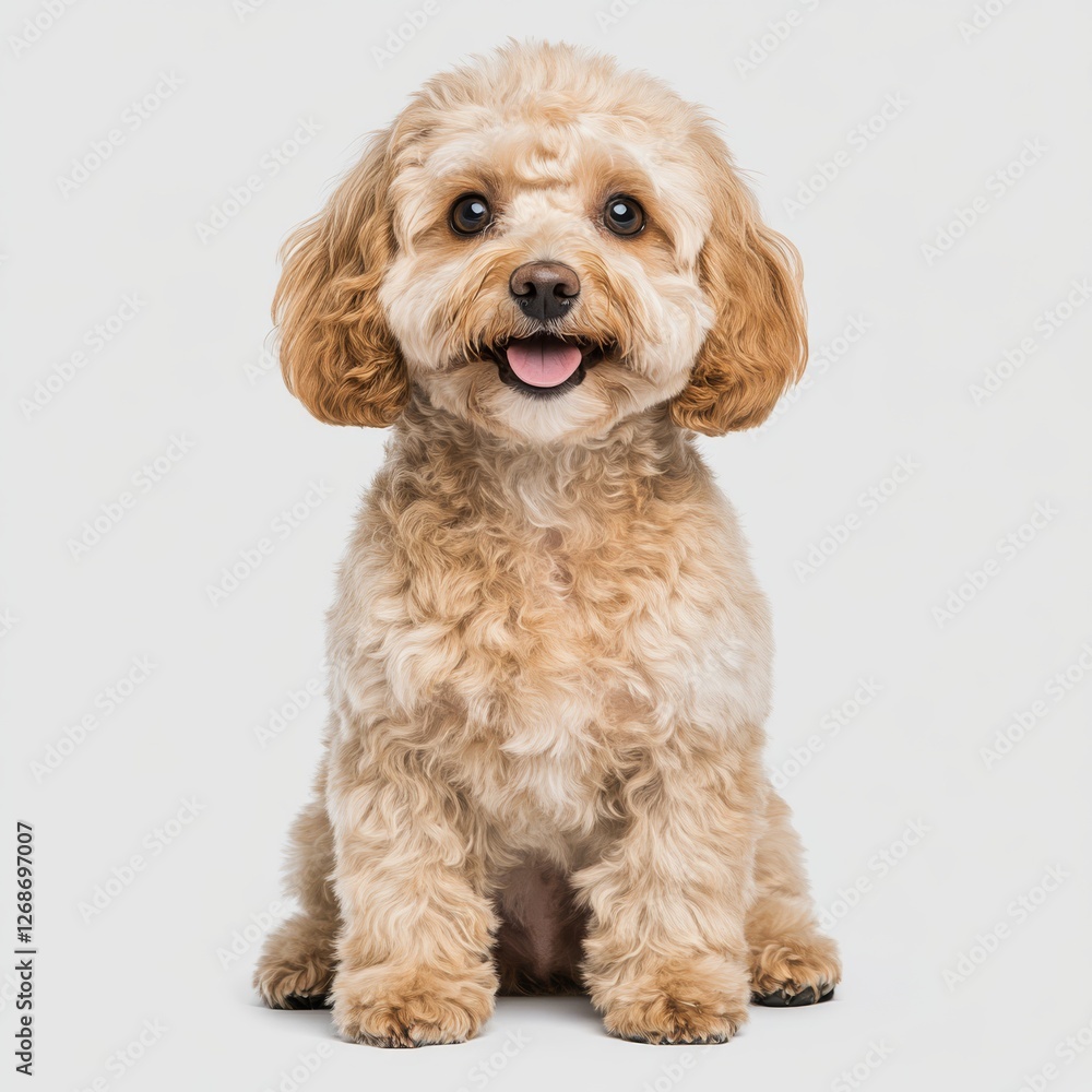 A close-up of a light brown Cockapoo dog sitting on a light background with space for text. A close-up of a light brown Cockapoo dog sitting on a light background with space for text.