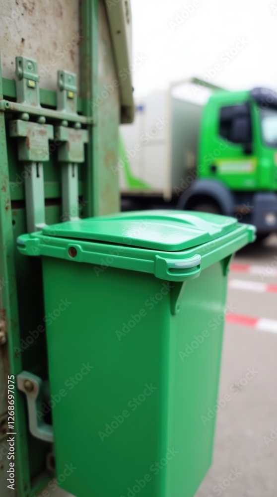 Green Plastic Waste Bin Next to a Recycling Garbage Truck Green Plastic Waste Bin Next to a Recycling Garbage Truck