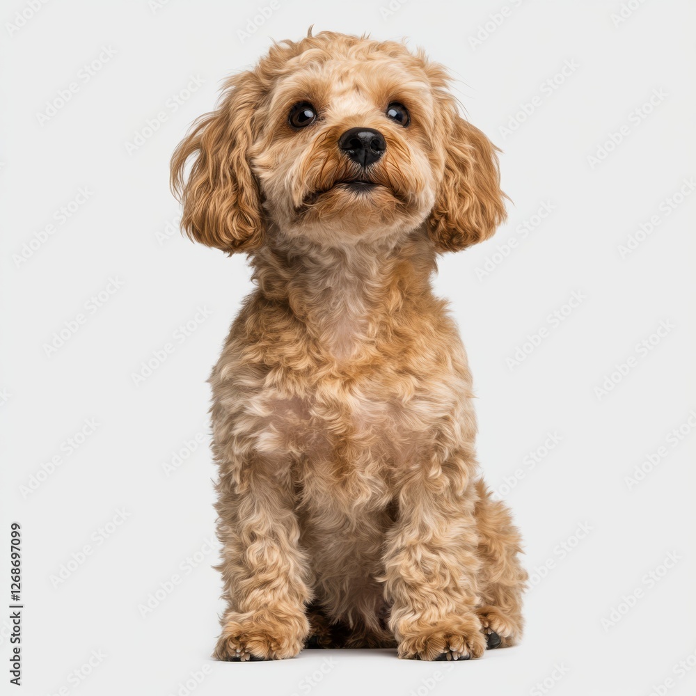 Dog Breed Cockapoo Sitting in Light Background with Copy Space. Dog Breed Cockapoo Sitting in Light Background with Copy Space.